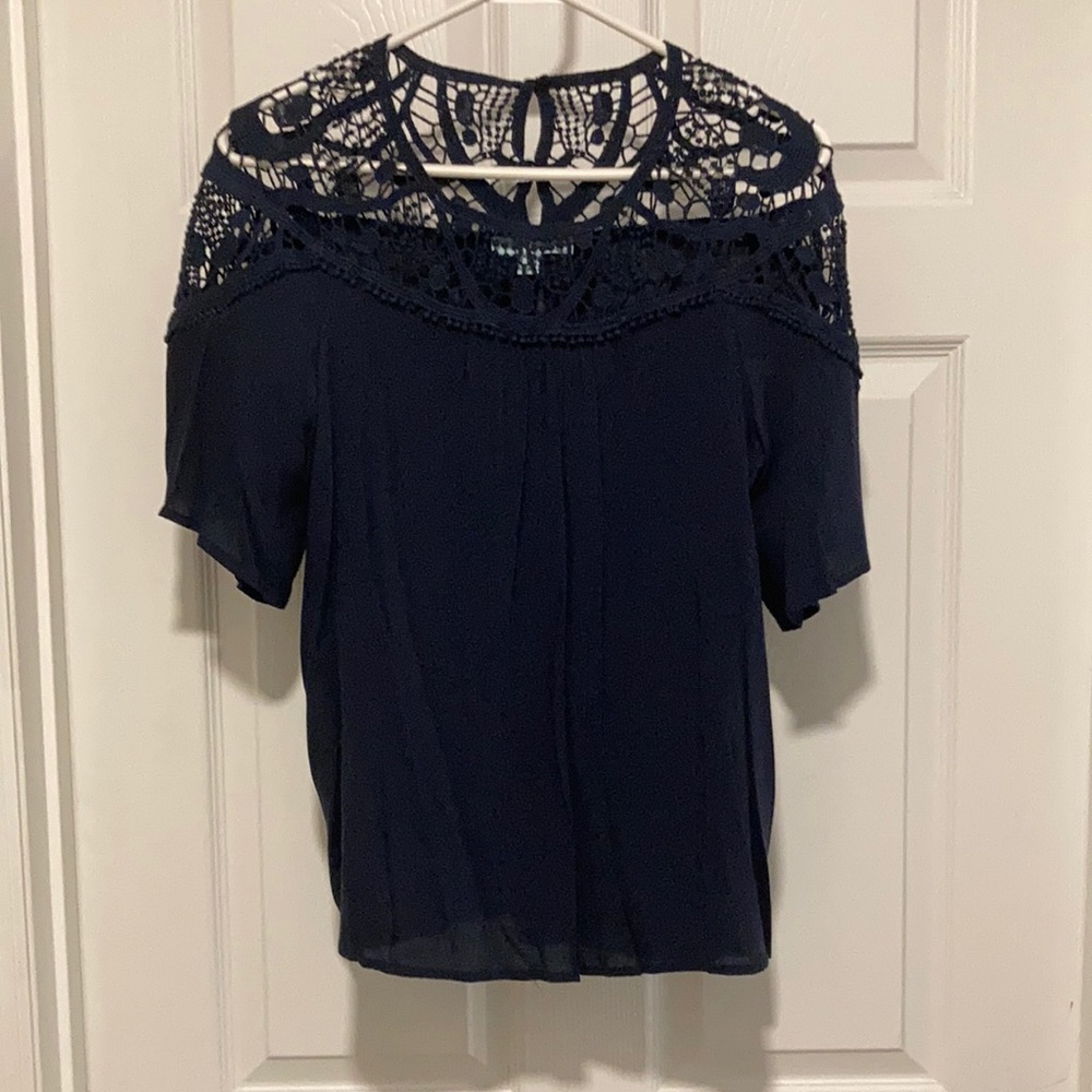 Navy top with lace neckline